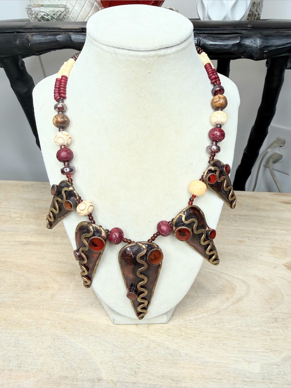 Boho Statement Necklace Artisan Mixed Bead Tribal Abstract Pendant Chunky 18”